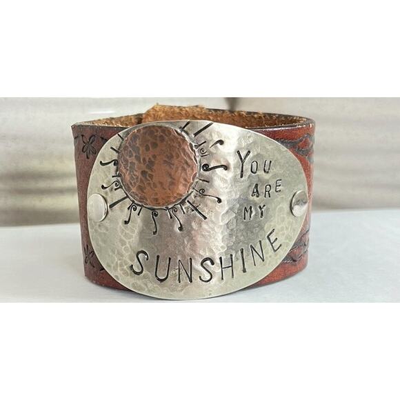 Brown Leather Cuff Bracelet Handmade Personalized Quoted “You Are My Sunshine” - Picture 1 of 1
